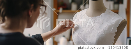 Fashion designer working on a haute couture wedding dress, pinning lace details on a mannequin in her bright and airy atelier, creating a unique and elegant bridal gown 130415508