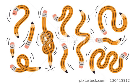Twisted pencils. Long curved shapes, drawing supplies with erasers on end, wriggle flexible elements writing, back to school, cute stationery cartoon flat style isolated garish vector set Twisted pencils. Long curved shapes, drawing supplies with erasers on end, wriggle flexible elements writing, back to school, cute stationery cartoon flat style isolated garish vector set 130415512