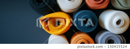 Vibrant fabric rolls arranged on a dark surface, showcasing a variety of colors and textures, creating an appealing background for textile, fashion, or craft projects 130415524