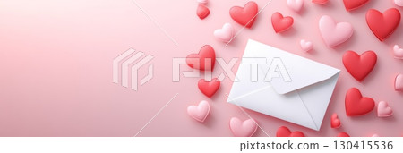 White envelope lies on a pink surface, surrounded by numerous pink and red hearts of varying sizes, creating a romantic scene perfect for valentine's day, mother's day, or spring celebrations 130415536
