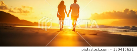 Romantic couple enjoying a peaceful walk on the beach at sunset, holding hands and creating a beautiful silhouette against the golden light 130415621