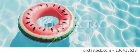 Bright summer sunlight illuminating an inflatable watermelon ring floating on a turquoise swimming pool, creating a vibrant scene perfect for relaxation and summer fun 130415628