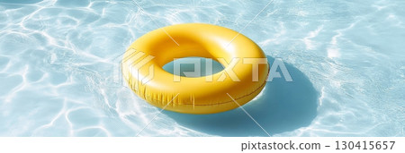 Bright yellow inflatable ring floating on the tranquil surface of a clear blue swimming pool, creating a relaxing and inviting summer holiday scene Bright yellow inflatable ring floating on the tranquil surface of a clear blue swimming pool, creating a relaxing and inviting summer holiday scene 130415657