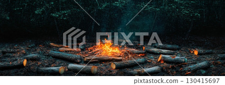 Bright bonfire burning in the center of a dark forest surrounded by logs, creating a warm and inviting atmosphere in the wilderness at night 130415697
