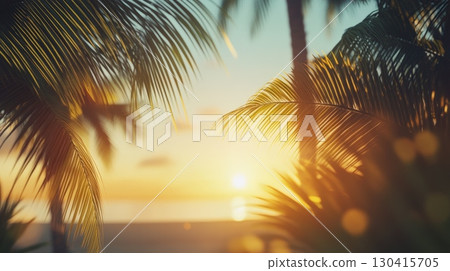Golden hour sunlight filters through palm fronds, creating a warm and inviting atmosphere, evoking the tranquility of a tropical island getaway 130415705