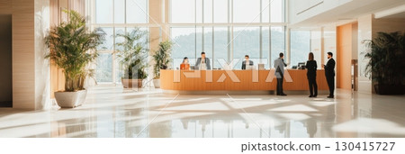 Hotel staff attending to guests at the reception desk in a bright, contemporary lobby, providing efficient and welcoming service during their stay 130415727