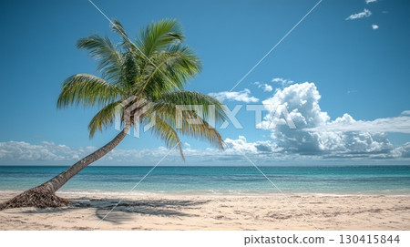 Single palm tree leaning over a beautiful white sand beach with turquoise water under a blue sky with cumulus clouds evokes a sense of peace and tranquility 130415844