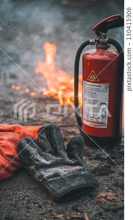 Firefighter gloves and extinguisher are placed on the ground near a controlled fire during a firefighting training exercise, enhancing safety and preparedness 130415906
