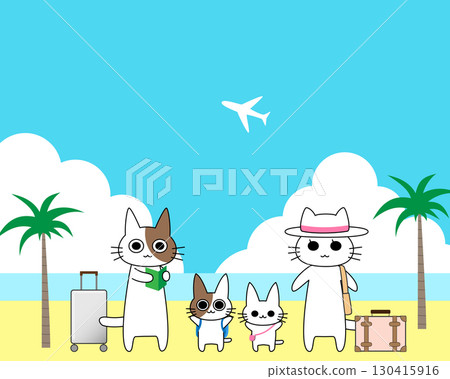 一群貓和一架飛機前往熱帶度假勝地 | 貓、旅行、家庭、飛機、熱帶、海灘、度假村、夏季、旅遊、大海 130415916