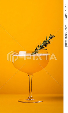 Vibrant yellow cocktail, garnished with a sprig of rosemary, sits on a matching background, evoking the refreshing essence of summer holidays and hotel service 130415932