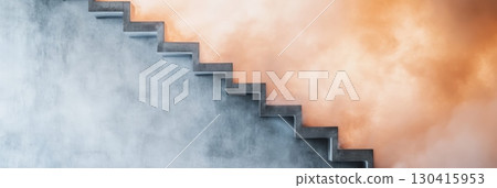 Concrete stairway rising towards a smoky orange sky, evoking a dramatic and surreal atmosphere filled with mystery and the promise of ascension into the unknown 130415953