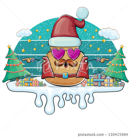 Funny rock star Santa potato character vector illustration, festive holiday design with sunglasses and mustache, retro Christmas party greeting card, creative art for stickers, labels, gifts Funny rock star Santa potato character vector illustration, festive holiday design with sunglasses and mustache, retro Christmas party greeting card, creative art for stickers, labels, gifts 130415984