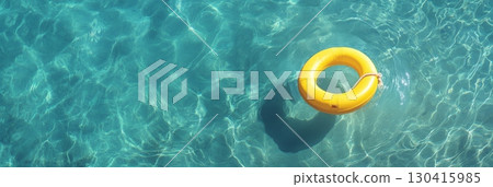 Bright yellow inflatable ring floating on a turquoise swimming pool water, creating a vivid contrast and suggesting a relaxing summer holiday atmosphere 130415985