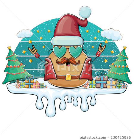 Funny rock star Santa potato character vector illustration, festive holiday design with sunglasses and mustache, retro Christmas party greeting card, creative art for stickers, labels, gifts 130415986