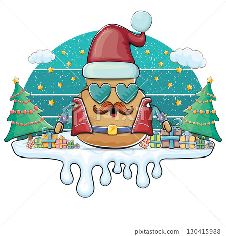 Funny rock star Santa potato character vector illustration, festive holiday design with sunglasses and mustache, retro Christmas party greeting card, creative art for stickers, labels, gifts 130415988