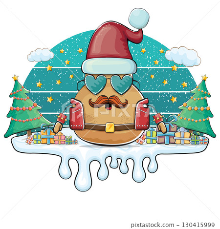 Funny rock star Santa potato character vector illustration, festive holiday design with sunglasses and mustache, retro Christmas party greeting card, creative art for stickers, labels, gifts 130415999