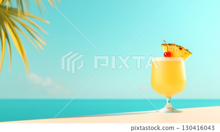 Refreshing tropical cocktail garnished with pineapple and cherry resting on a table, overlooking a tranquil turquoise sea and swaying palm trees, embodies summer relaxation Refreshing tropical cocktail garnished with pineapple and cherry resting on a table, overlooking a tranquil turquoise sea and swaying palm trees, embodies summer relaxation 130416043