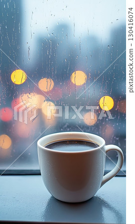 Steaming mug of coffee sits on a windowsill, rain streaking the glass and blurring the city lights in the background, creating a cozy and tranquil atmosphere 130416074