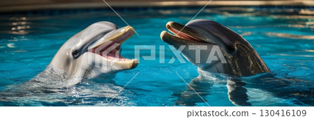 Two dolphins are surfacing and showing their teeth, enjoying a playful moment together in a vibrant blue pool, creating ripples in the water 130416109