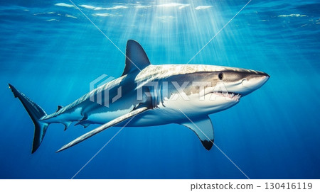 Majestic oceanic whitetip shark gracefully navigating the deep blue ocean, sunlight filtering through the surface, creating a captivating underwater scene 130416119