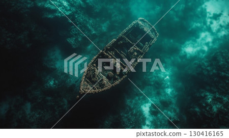 Sunken wooden boat, covered in vibrant algae, rests on the seabed of shallow turquoise water, creating a mesmerizing underwater scene filled with mystery and history Sunken wooden boat, covered in vibrant algae, rests on the seabed of shallow turquoise water, creating a mesmerizing underwater scene filled with mystery and history 130416165