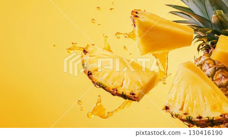 Fresh pineapple slices levitating against a vibrant yellow background, splashing sweet juice and creating a dynamic, refreshing scene filled with tropical energy and brightness Fresh pineapple slices levitating against a vibrant yellow background, splashing sweet juice and creating a dynamic, refreshing scene filled with tropical energy and brightness 130416190