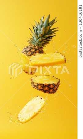 Pineapple slices and whole pineapple are levitating on a yellow background, surrounded by splashes of pineapple juice, creating a refreshing and vibrant scene Pineapple slices and whole pineapple are levitating on a yellow background, surrounded by splashes of pineapple juice, creating a refreshing and vibrant scene 130416191