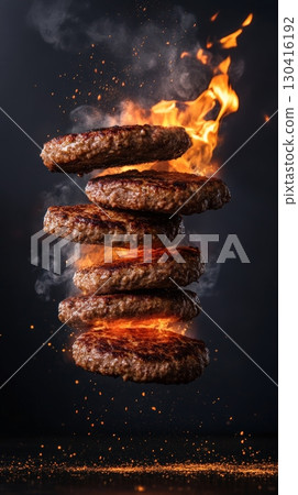 Six grilled burger patties are levitating in the air with flames and smoke on a dark background, creating a visually appealing and dynamic culinary scene Six grilled burger patties are levitating in the air with flames and smoke on a dark background, creating a visually appealing and dynamic culinary scene 130416192