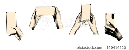 Hands holding smartphones halftone art collage cut outs set. Hands using mobile phones, tapping, scrolling, touching blank screens. Modern retro vector illustration for mixed media design isolated Hands holding smartphones halftone art collage cut outs set. Hands using mobile phones, tapping, scrolling, touching blank screens. Modern retro vector illustration for mixed media design isolated 130416220