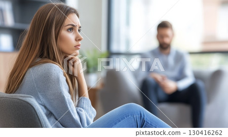 Pensive patient is receiving psychological support during individual therapy session with a professional counselor in a bright office, focusing on mental health and emotional wellbeing 130416262