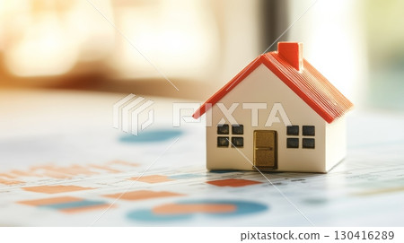 Small house model placed on financial documents with graphs and charts, symbolizing real estate investment, mortgage, and home buying process Small house model placed on financial documents with graphs and charts, symbolizing real estate investment, mortgage, and home buying process 130416289
