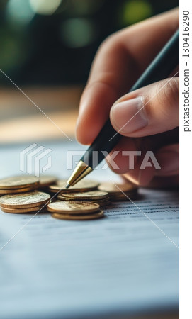 Businessperson is calculating investment return with gold coins and pen on financial report, investment, finance, and analyzing financial data concept 130416290