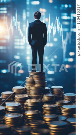 Businessman standing on large stack of coins is watching a stock market graph grow on a holographic screen in a cityscape at night, symbolizing investment, wealth, and financial success 130416317