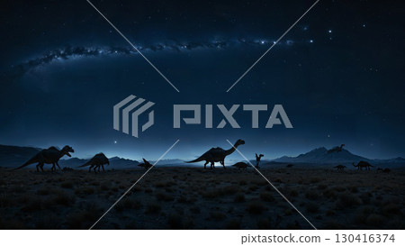 Fantastic silhouettes of dinosaurs walking through the wilderness against the backdrop of the night sky 130416374