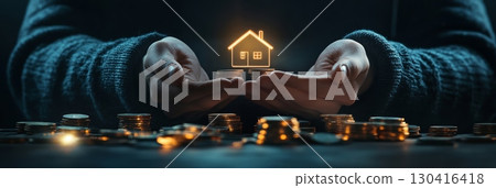 Investor protecting a glowing house icon above a stack of coins, symbolizing property investment, financial security, and real estate savings Investor protecting a glowing house icon above a stack of coins, symbolizing property investment, financial security, and real estate savings 130416418