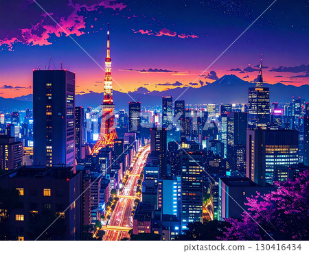 A fantastic night view of Tokyo's cityscape lined with twilight-colored buildings, Fuji, and cherry blossoms. A fantastic night view of Tokyo's cityscape lined with twilight-colored buildings, Fuji, and cherry blossoms. 130416434