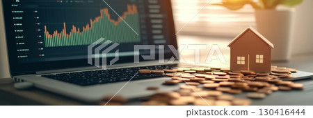 Miniature house resting on a pile of coins next to a laptop showing positive growth in investment, representing real estate market, property value increase, or successful housing investment 130416444
