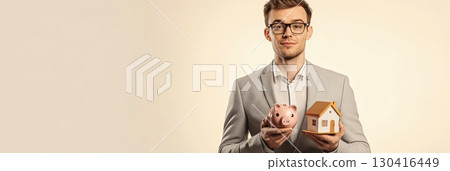 Young professional financial advisor presenting piggy bank and house model, symbolizing savings, investment, and the process of securing a mortgage for homeownership Young professional financial advisor presenting piggy bank and house model, symbolizing savings, investment, and the process of securing a mortgage for homeownership 130416449