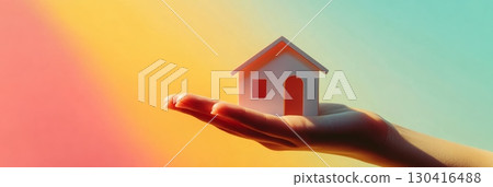 Hand presenting a small white house model on a vibrant, colorful background, symbolizing homeownership, investment, and the real estate market Hand presenting a small white house model on a vibrant, colorful background, symbolizing homeownership, investment, and the real estate market 130416488