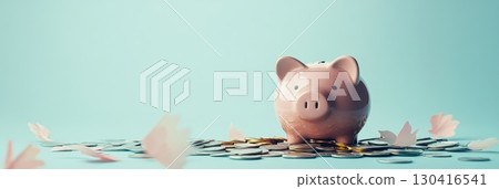Pink piggy bank standing on a large pile of coins with decorative paper petals scattered around, representing the concepts of saving, investment, and financial growth on a light blue background 130416541