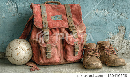 a school backpack next to shoes and a retro-style soccer ball a school backpack next to shoes and a retro-style soccer ball 130416558