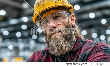 portrait of a male worker in a yellow helmet 130416559