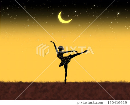 Silhouette of a ballerina dancing under the night sky with glowing crescent moon and bright stars on black and yellow gold background. Silhouette of a ballerina dancing under the night sky with glowing crescent moon and bright stars on black and yellow gold background. 130416619