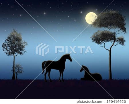 Silhouette of two horses in a meadow at night against a gradient blue sky background with a bright shining moon and stars. 130416620