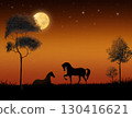 Silhouette of two horses in a meadow at night against a golden orang sky background with a bright shining moon and stars. 130416621