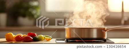 Steaming stainless steel pot on a modern stovetop, with colorful bell peppers on a cutting board in the foreground, evokes preparation for a delicious meal in a bright kitchen Steaming stainless steel pot on a modern stovetop, with colorful bell peppers on a cutting board in the foreground, evokes preparation for a delicious meal in a bright kitchen 130416654