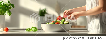 Woman preparing a healthy meal, adding fresh cherry tomatoes to a bowl of steaming broccoli, cauliflower, and other vegetables, in a sunlit kitchen, promoting healthy eating and home cooking Woman preparing a healthy meal, adding fresh cherry tomatoes to a bowl of steaming broccoli, cauliflower, and other vegetables, in a sunlit kitchen, promoting healthy eating and home cooking 130416656