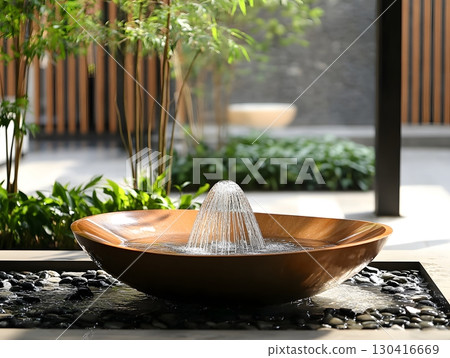 Minimalist round garden water fountain create calm and peaceful ambience	 130416669