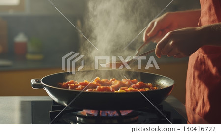 Chef mixing ingredients with two spoons in a steaming pan on a stove top, surrounded by a brightly lit kitchen, creating a delicious meal filled with flavor and aroma 130416722