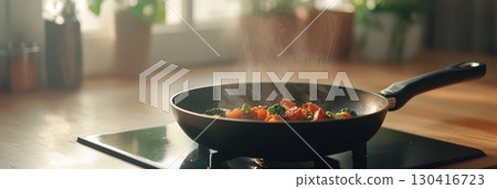 Delicious and healthy meal of broccoli, carrots, and bacon steaming in a frying pan on an induction stove top in a modern kitchen with natural light 130416723
